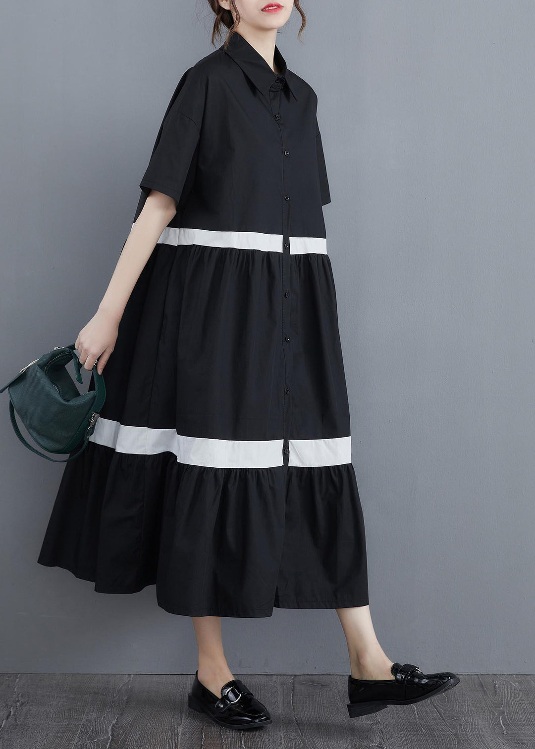 Style Black Patchwork Cotton Button Summer Vacation Dresses - Omychic