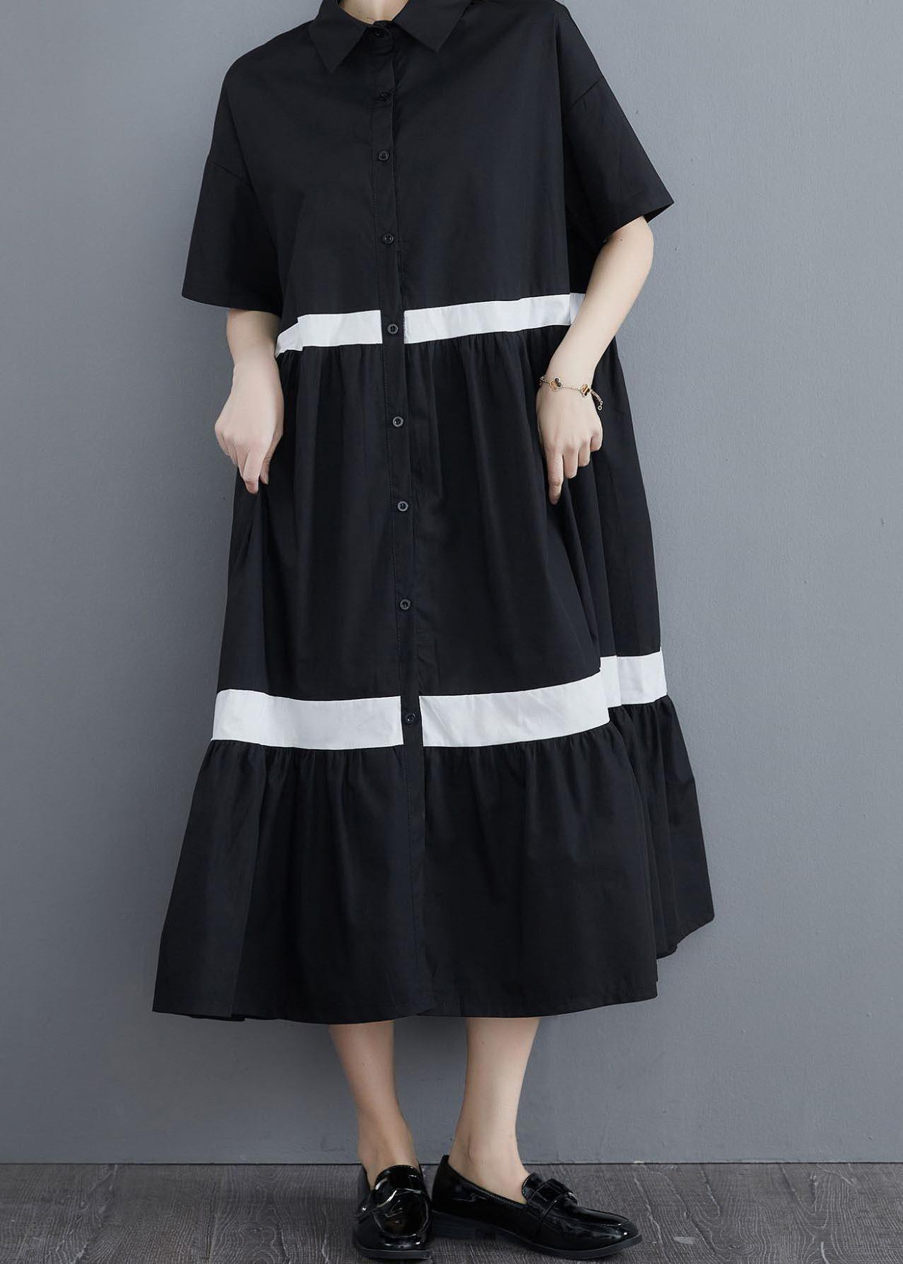 Style Black Patchwork Cotton Button Summer Vacation Dresses - Omychic