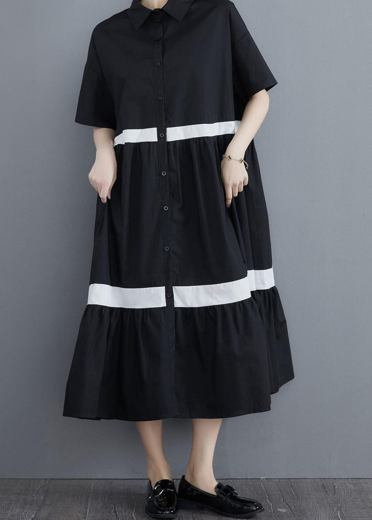 Style Black Patchwork Cotton Button Summer Vacation Dresses - Omychic