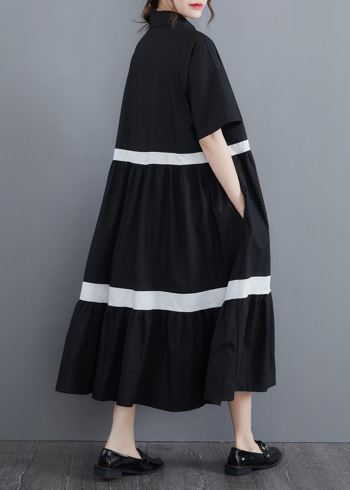 Women Black Patchwork Blue O-Neck Long Summer Cotton Dress main image 0