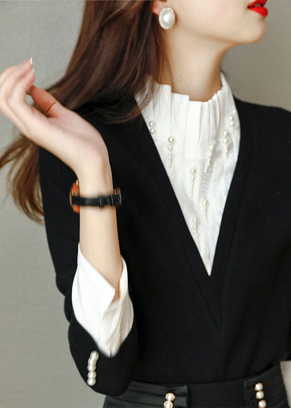 Style Black Patchwork Knit Sweater Tops Spring