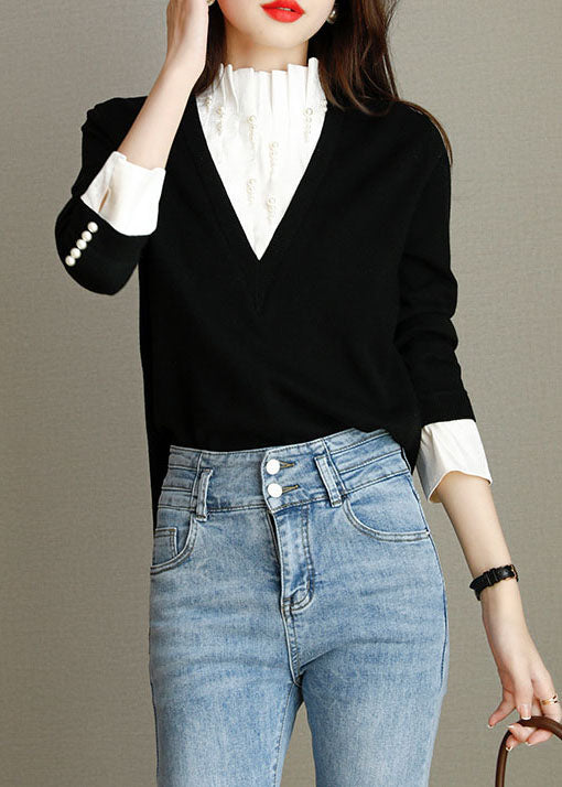 Style Black Patchwork Knit Sweater Tops Spring