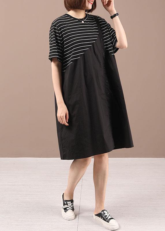 Style Black Patchwork Striped Summer Cotton Dresses Short Sleeve - Omychic