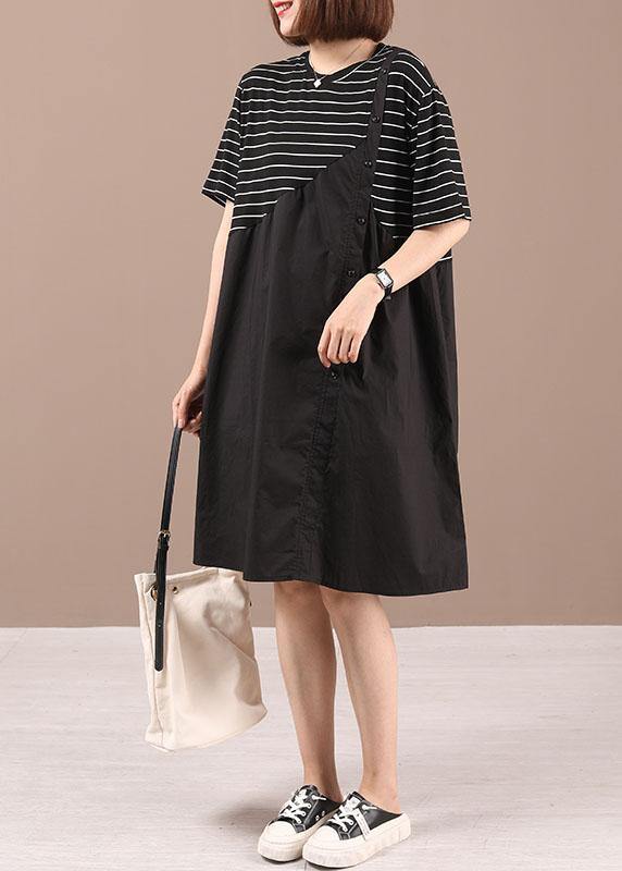 Style Black Patchwork Striped Summer Cotton Dresses Short Sleeve - Omychic