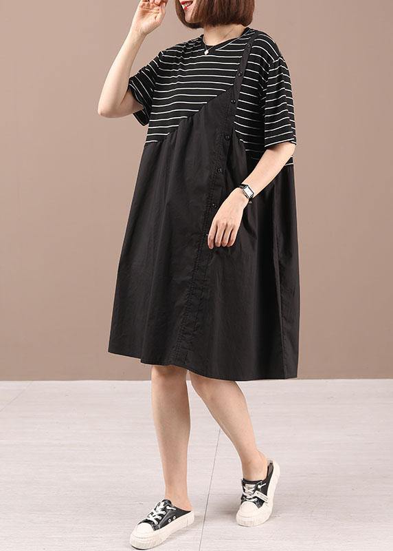 Style Black Patchwork Striped Summer Cotton Dresses Short Sleeve - Omychic