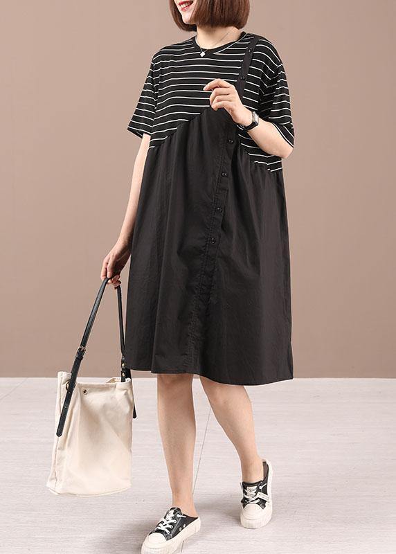 Style Black Patchwork Striped Summer Cotton Dresses Short Sleeve - Omychic