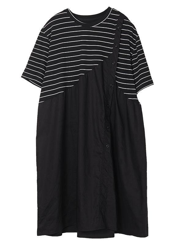 Style Black Patchwork Striped Summer Cotton Dresses Short Sleeve - Omychic