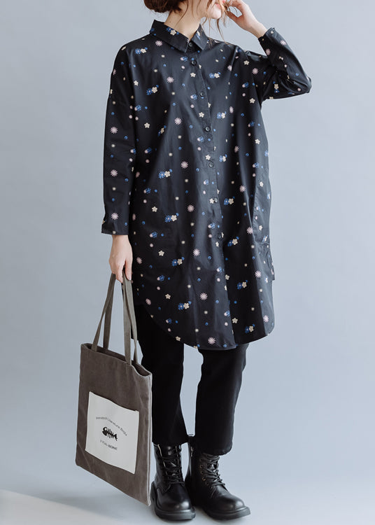 Style Black Peter Pan Collar Print Cotton Shirt Top Spring