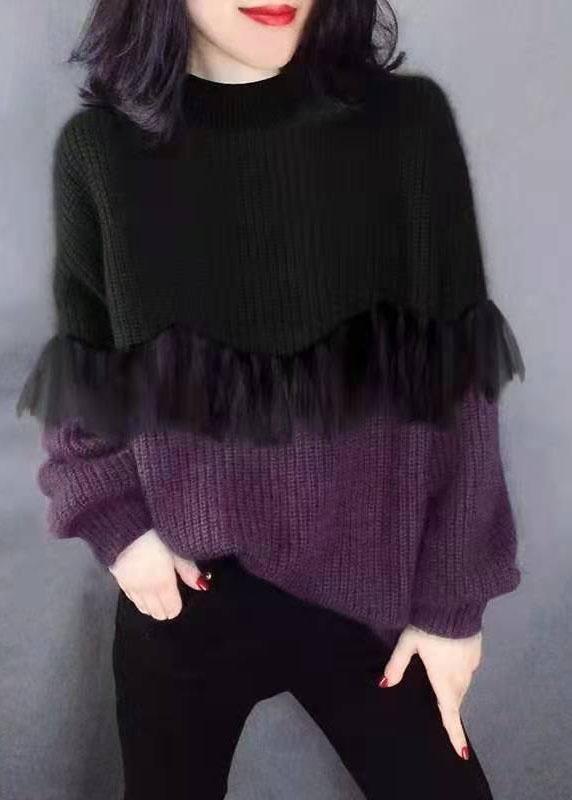 Style Black Purple fashion O-Neck Patchwork Fall Knitted sweaters - Omychic