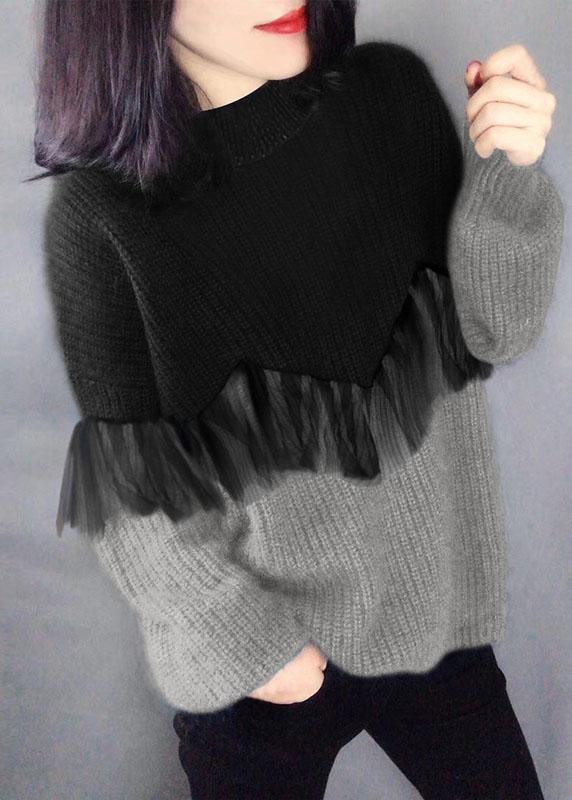 Style Black Purple fashion O-Neck Patchwork Fall Knitted sweaters - Omychic