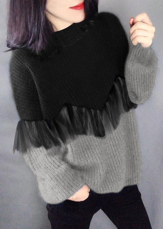 Style Black Purple fashion O-Neck Patchwork Fall Knitted sweaters - Omychic