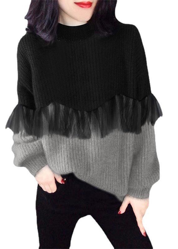 Style Black Purple fashion O-Neck Patchwork Fall Knitted sweaters - Omychic