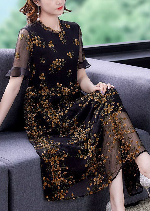 Style Black Ruffled Collar Embroideried Tulle Cinched Dress Summer