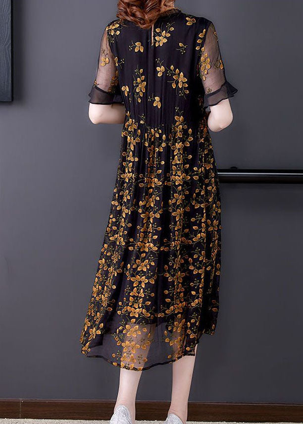 Style Black Ruffled Collar Embroideried Tulle Cinched Dress Summer