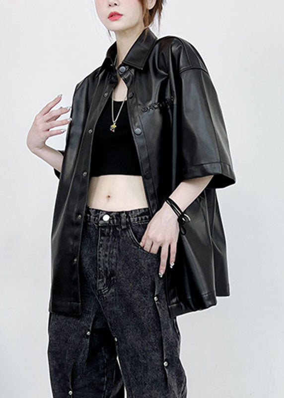 Style Black Stand Collar Button Faux Leather Shirts Summer