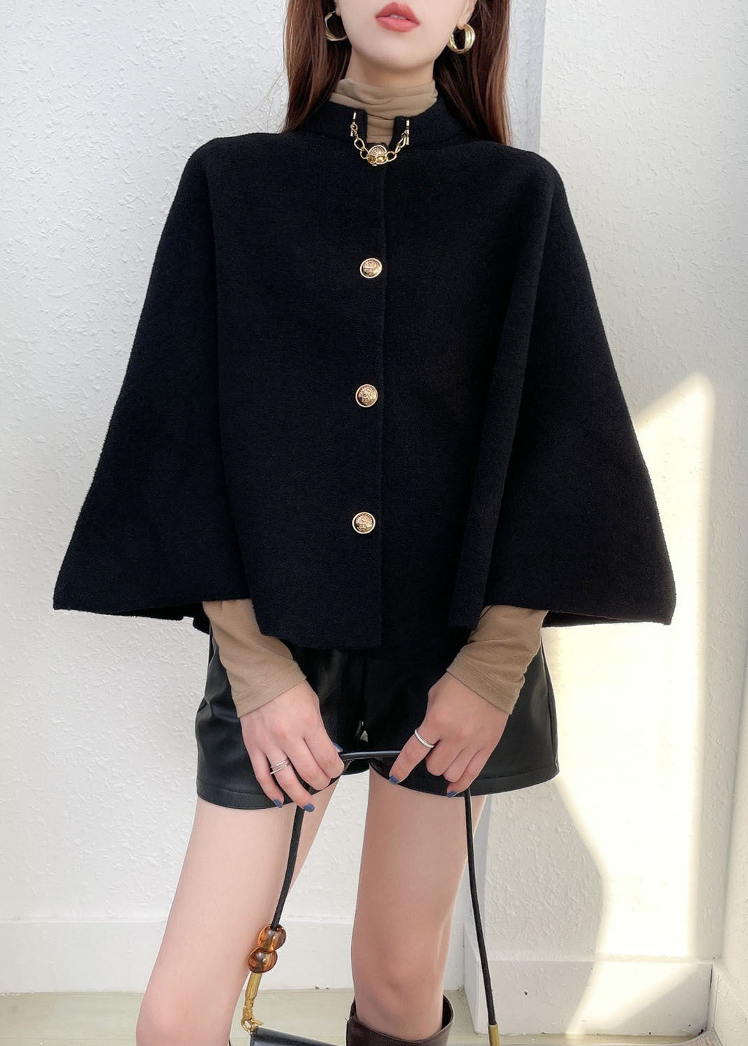 Style Black Stand Collar Button Warm Woolen Cloak Coats Fall