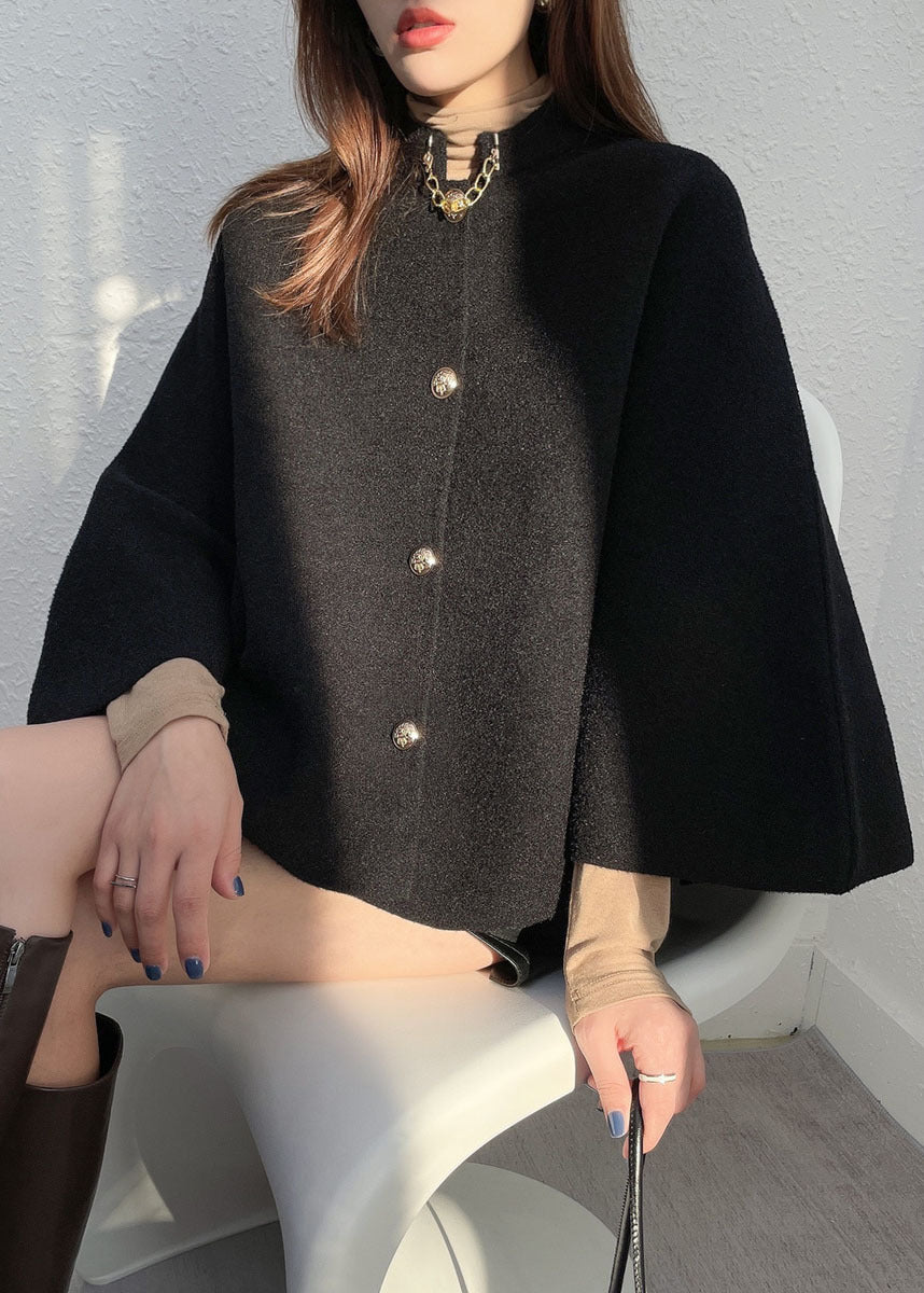 Style Black Stand Collar Button Warm Woolen Cloak Coats Fall