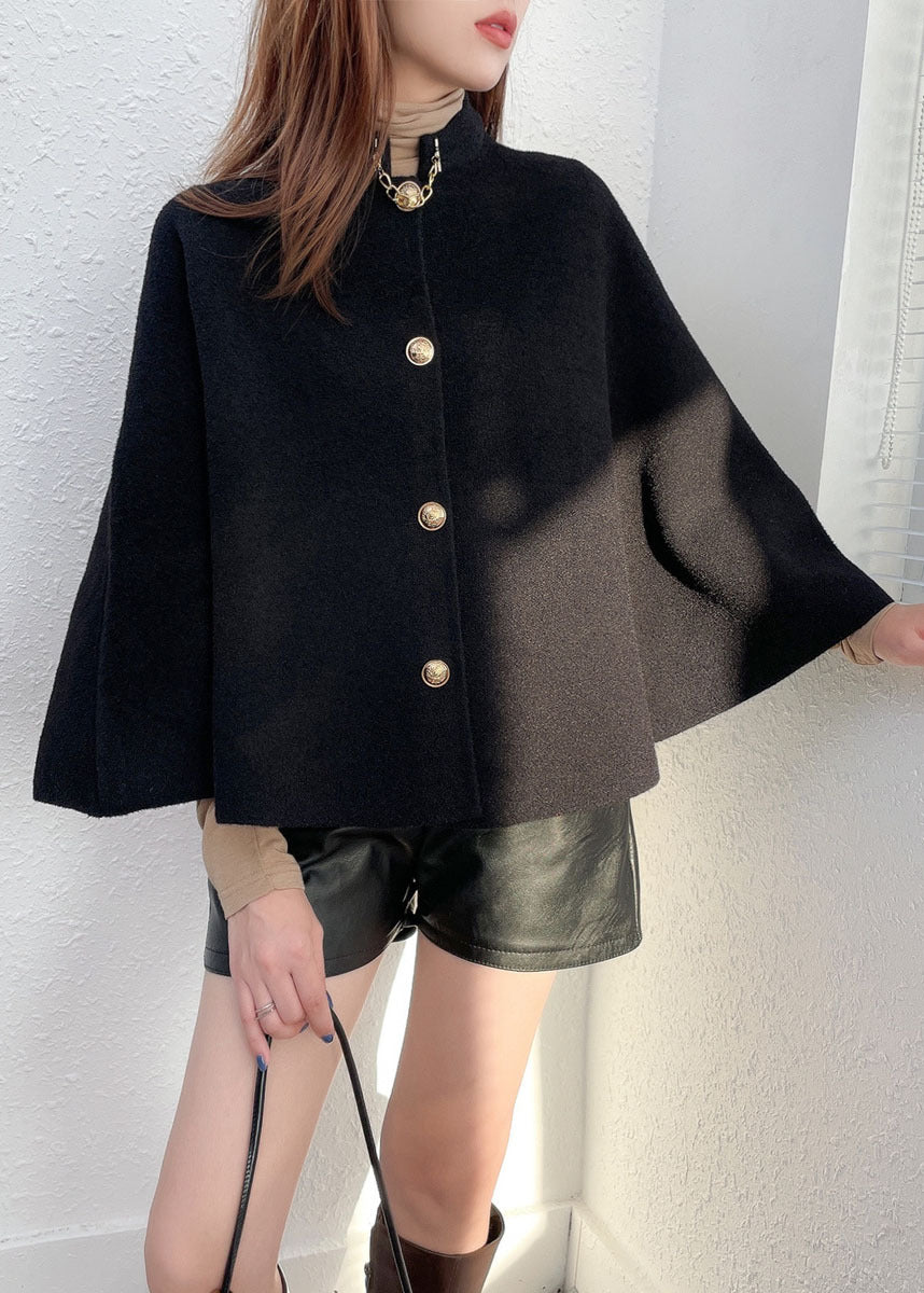 Style Black Stand Collar Button Warm Woolen Cloak Coats Fall