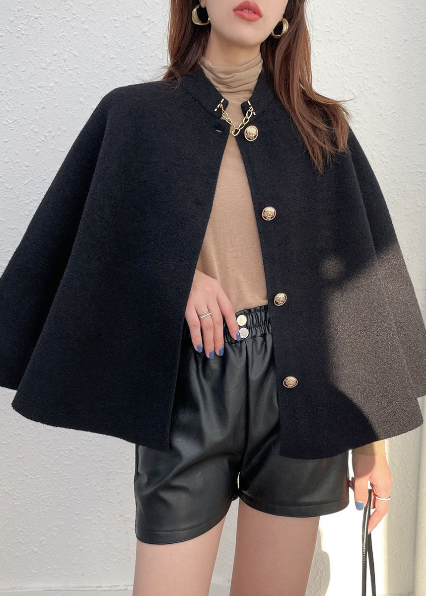 Style Black Stand Collar Button Warm Woolen Cloak Coats Fall