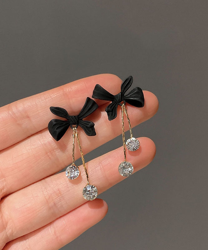 Style Black Sterling Silver Alloy Zircon Bow Tassel Drop Earrings - Omychic