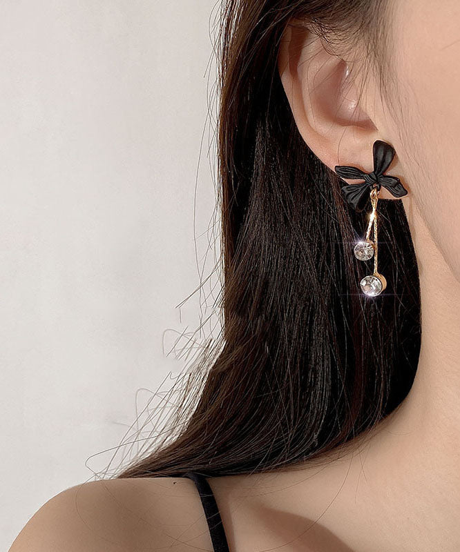 Style Black Sterling Silver Alloy Zircon Bow Tassel Drop Earrings - Omychic