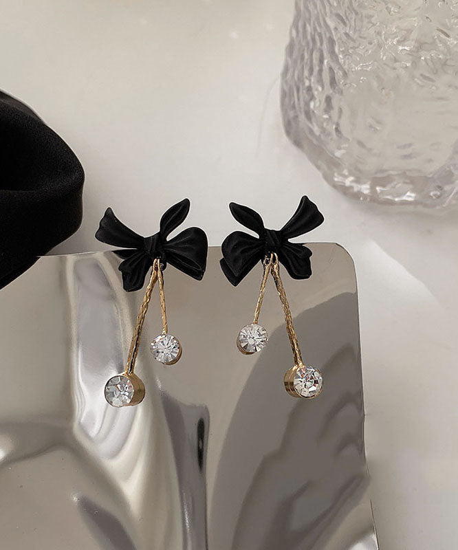 Style Black Sterling Silver Alloy Zircon Bow Tassel Drop Earrings - Omychic