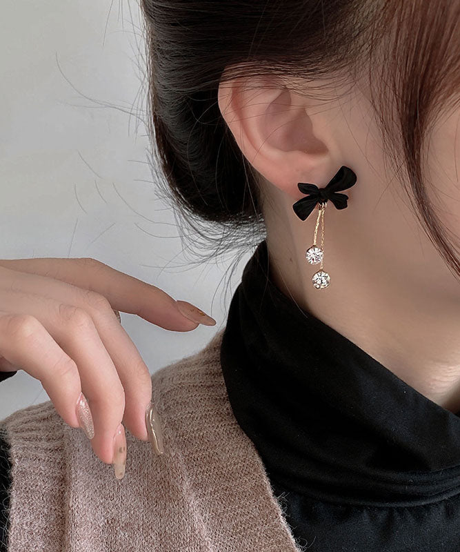 Style Black Sterling Silver Alloy Zircon Bow Tassel Drop Earrings - Omychic