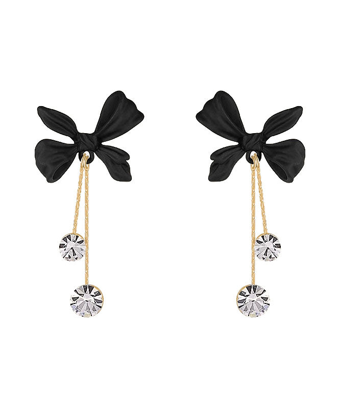Style Black Sterling Silver Alloy Zircon Bow Tassel Drop Earrings - Omychic