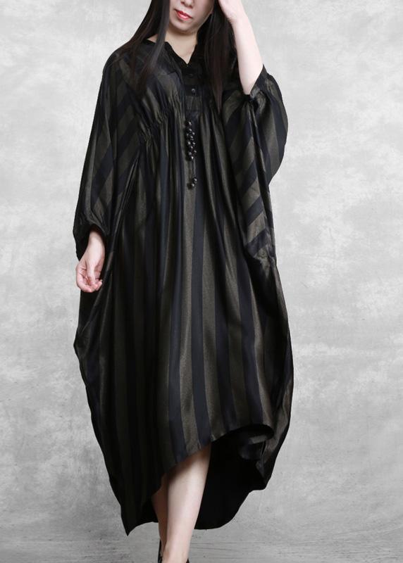 Style Black Striped Silk Maxi Dress Batwing Sleeve A Line Dresses - Omychic