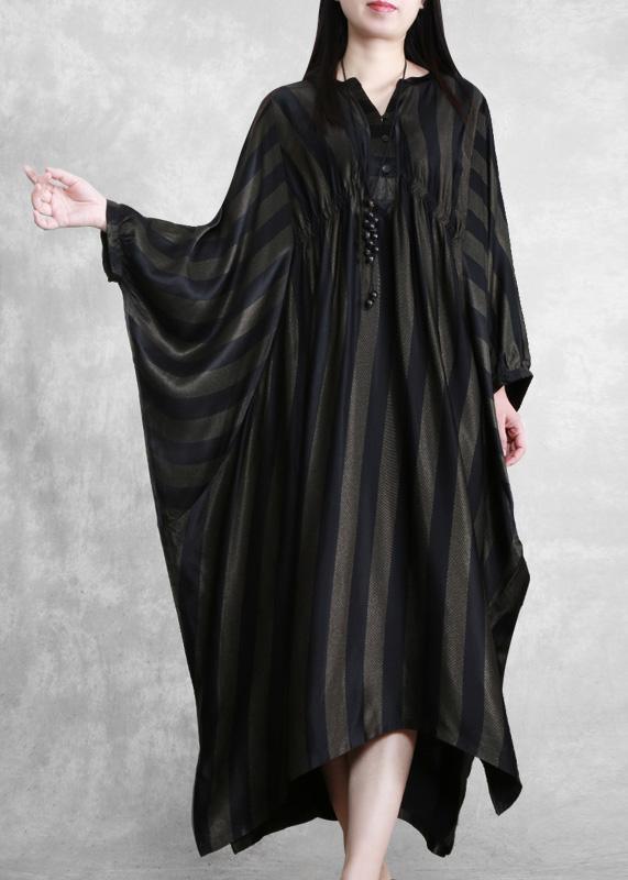 Style Black Striped Silk Maxi Dress Batwing Sleeve A Line Dresses - Omychic