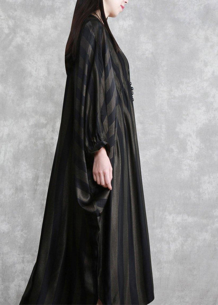 Style Black Striped Silk Maxi Dress Batwing Sleeve A Line Dresses - Omychic