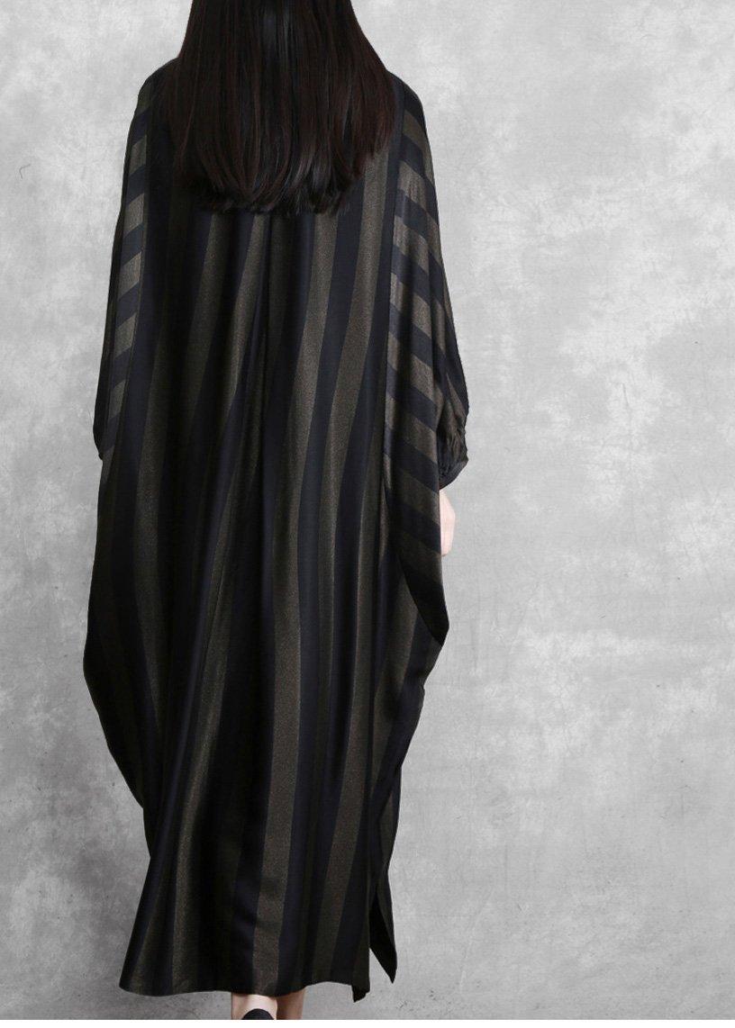 Style Black Striped Silk Maxi Dress Batwing Sleeve A Line Dresses - Omychic