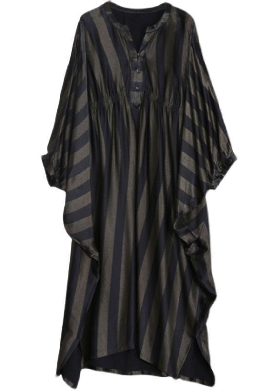 Style Black Striped Silk Maxi Dress Batwing Sleeve A Line Dresses - Omychic