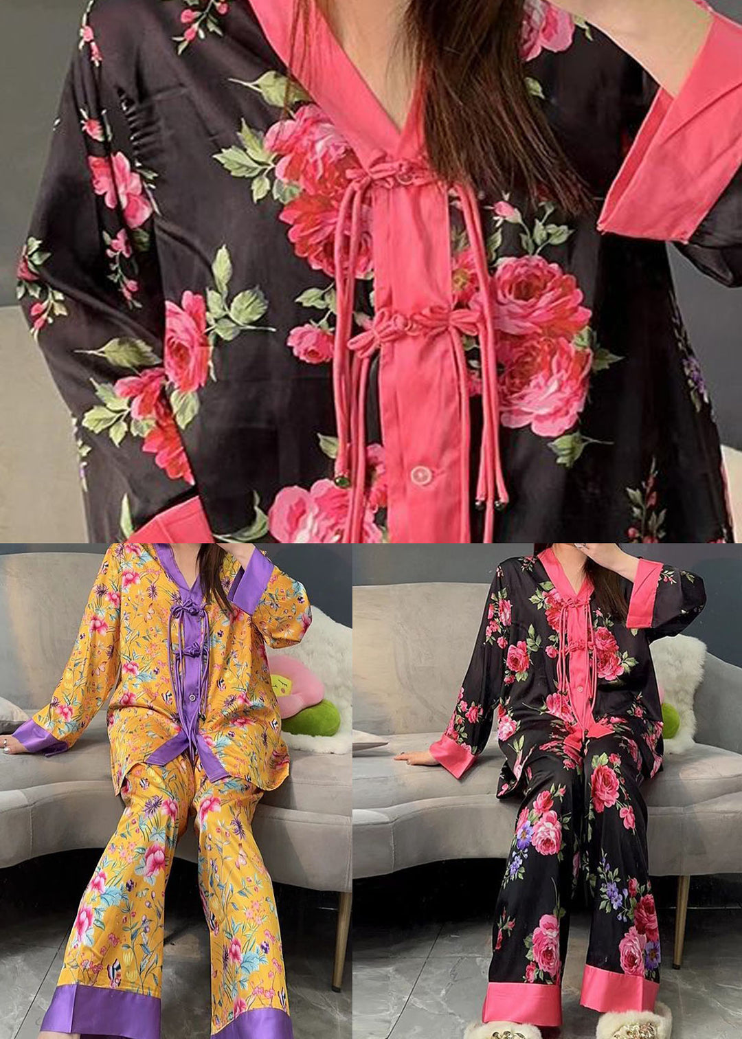 Style Black Tasseled Print Ice Silk Women Pajamas Sets 2 Pieces Spring