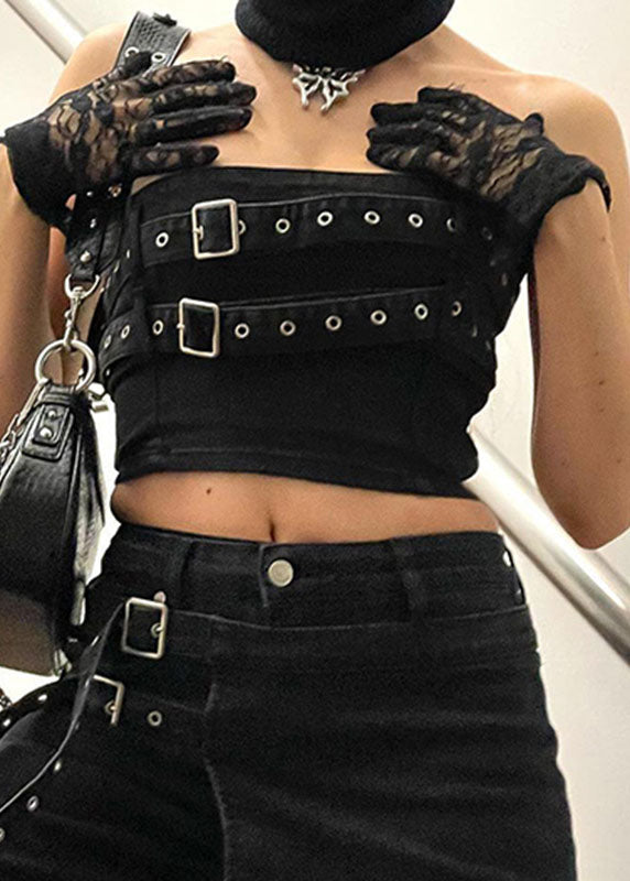 Style Black Tunic Patchwork Denim Strapless Tank Tops Sleeveless