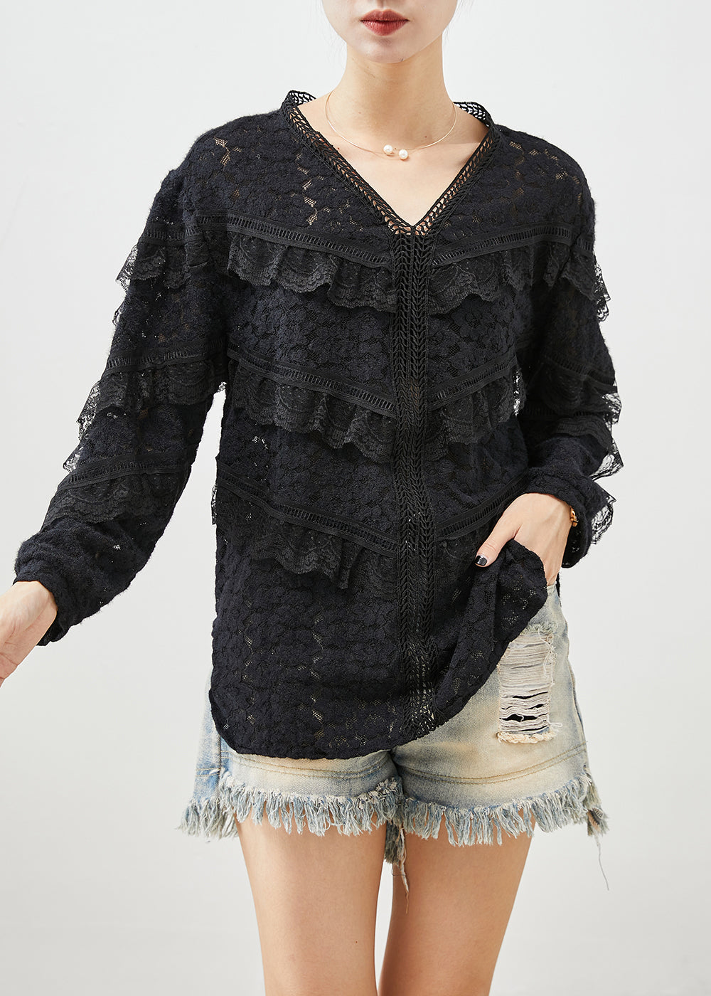 Style Black V Neck Patchwork Ruffles Lace Shirt Tops Fall