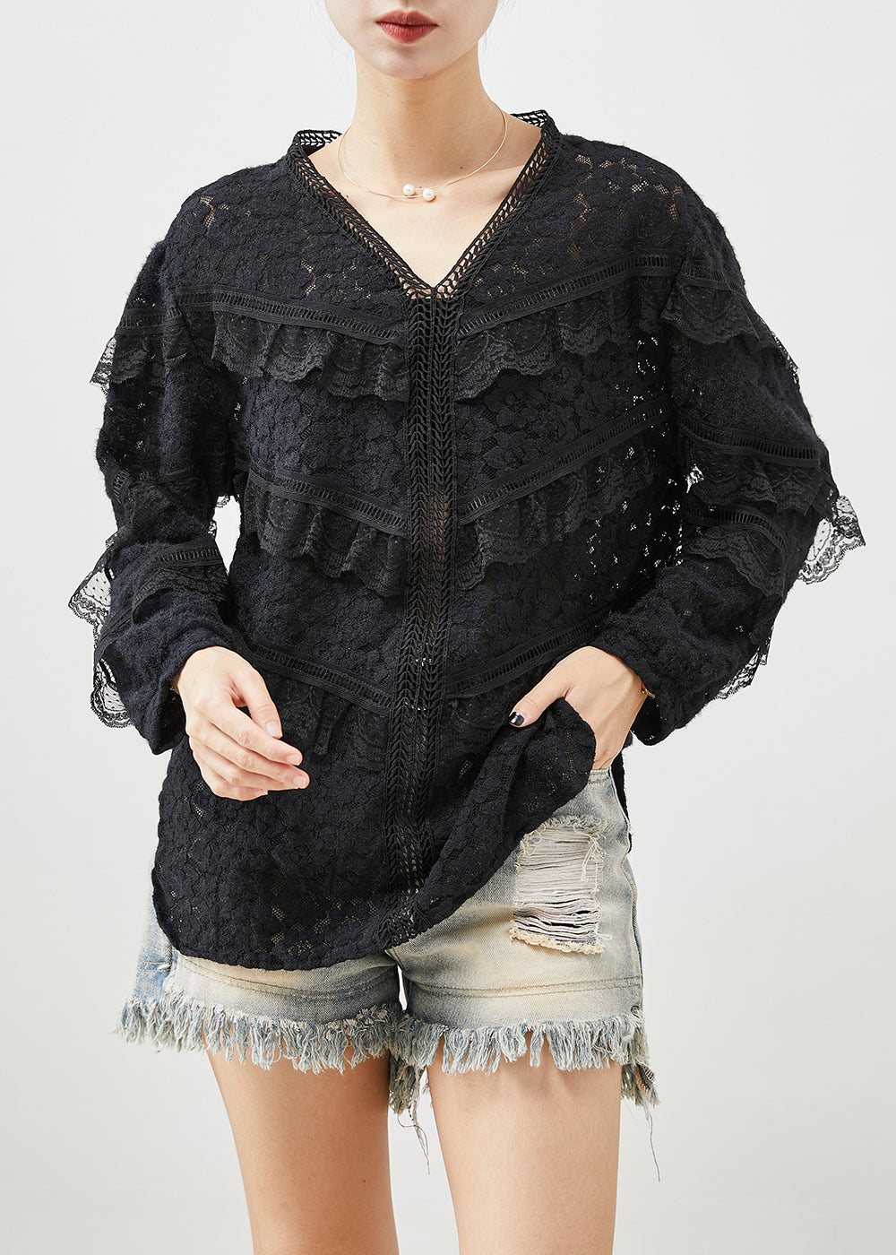 Style Black V Neck Patchwork Ruffles Lace Shirt Tops Fall