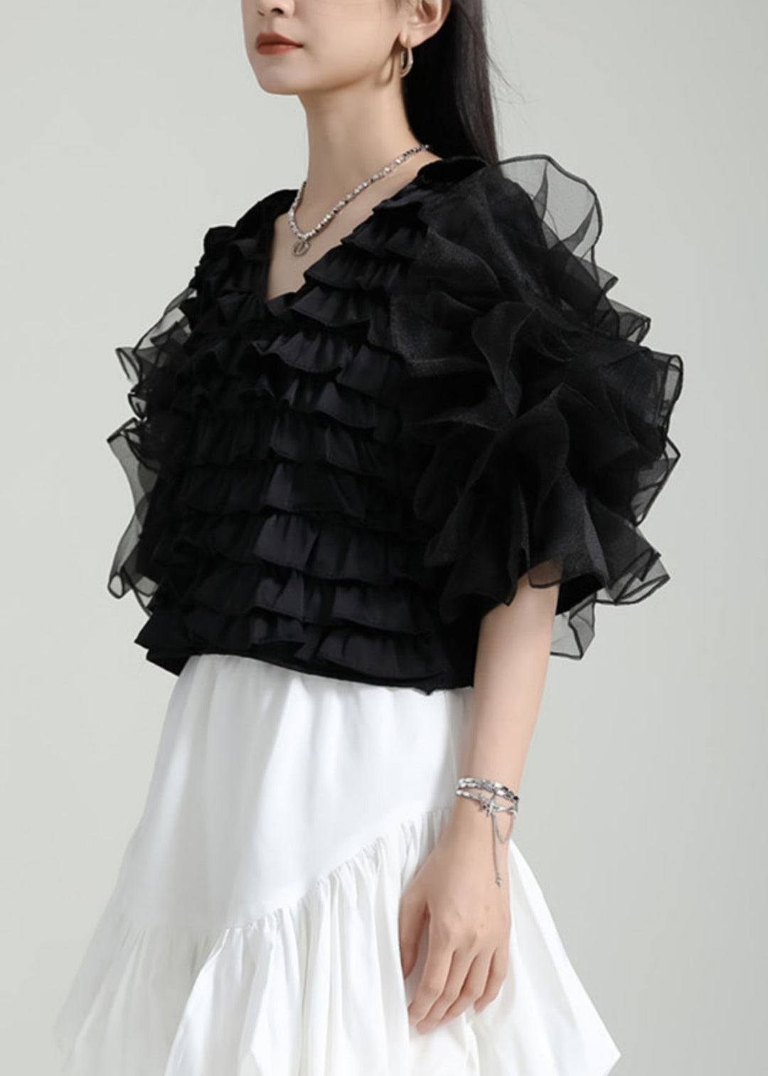 Style Black V Neck Ruffled Patchwork Tulle Blouses Puff Sleeve