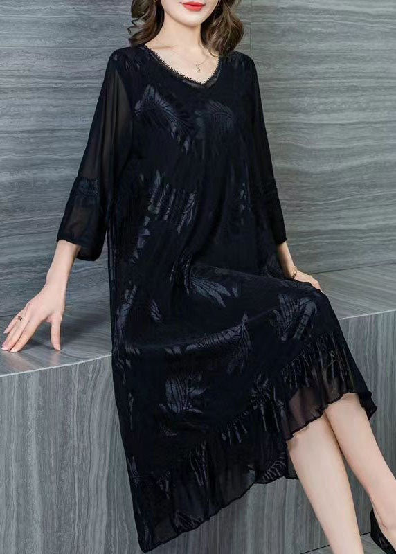 Style Black V Neck Wrinkled Lace Patchwork Silk Dresses Summer
