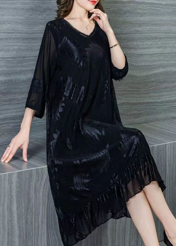 Style Black V Neck Wrinkled Lace Patchwork Silk Dresses Summer