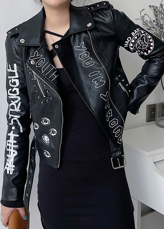Style Black Zip Up Graphic Rivet Patchwork Faux Leather Jacket Fall