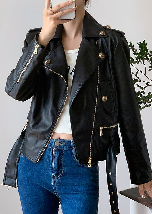 Style Black Zip Up Pockets Patchwork Faux Leather Jackets Fall