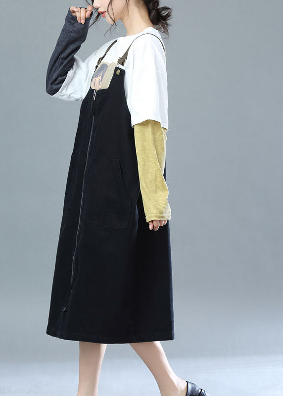 Style Black Zippered Oversized Cotton Suspender Dress