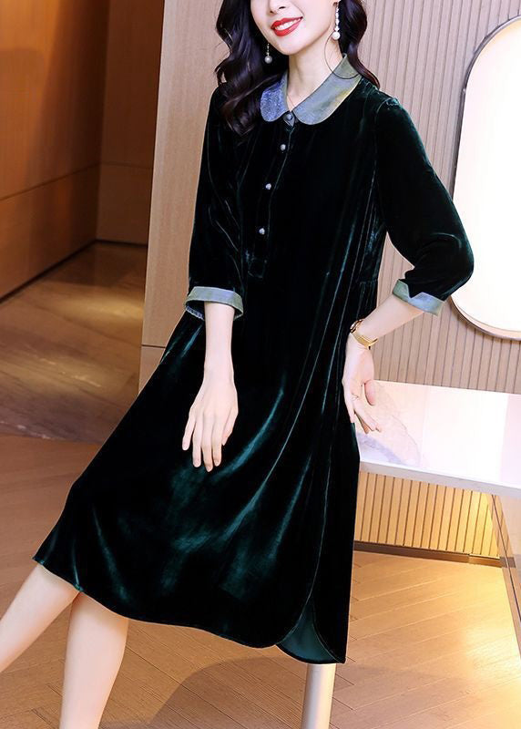 Style Blackish Green Button Wrinkled Silk Velour Long Dresses Bracelet Sleeve
