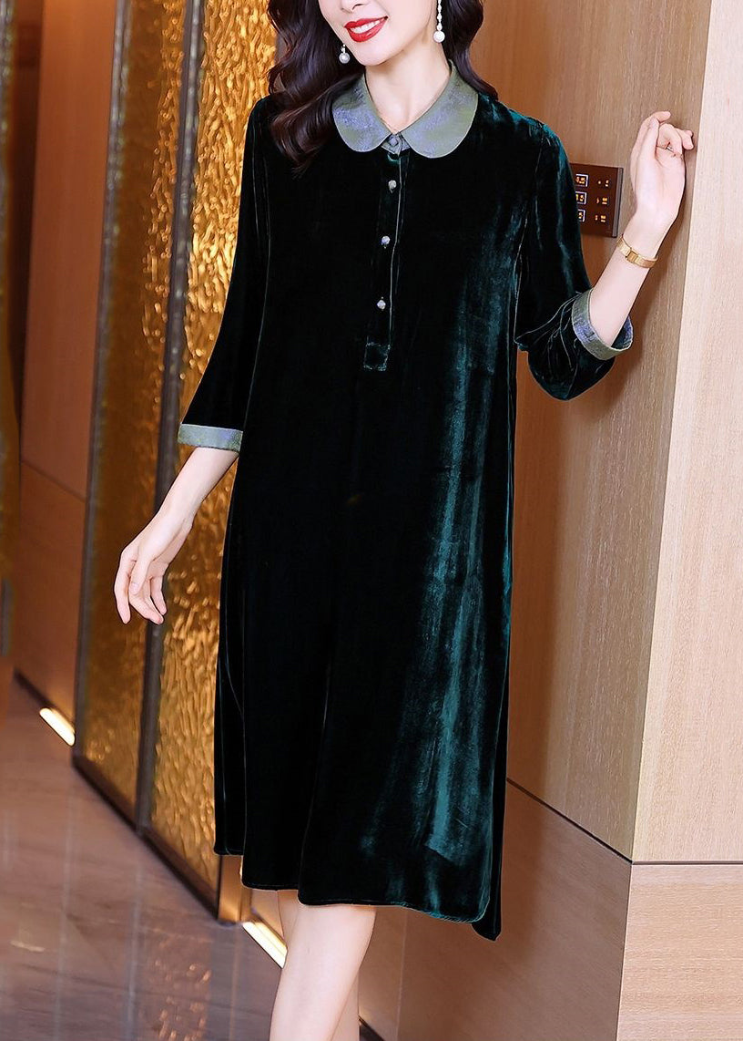 Style Blackish Green Button Wrinkled Silk Velour Long Dresses Bracelet Sleeve
