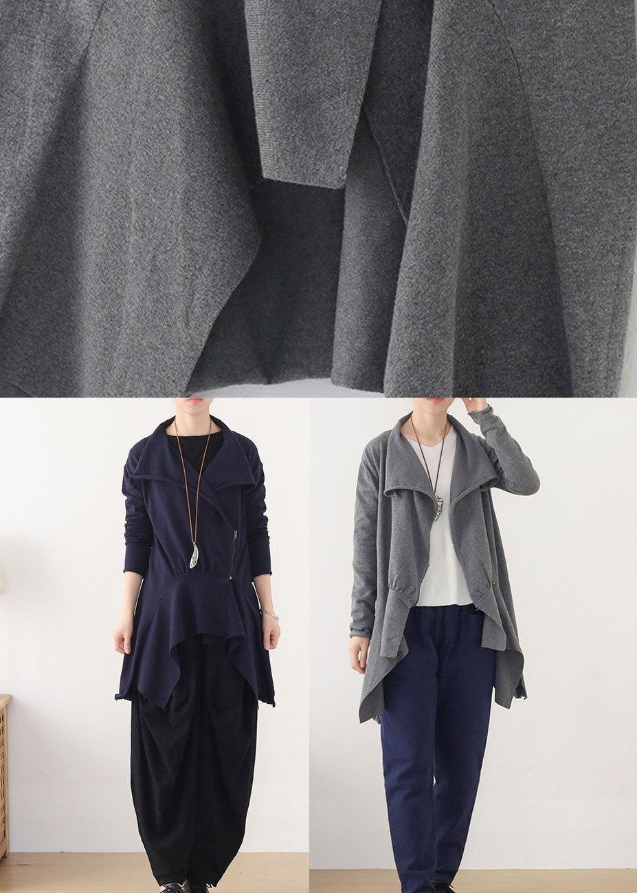 Style Blue Asymmetrical Design Zippered Fall Coat Short - Omychic