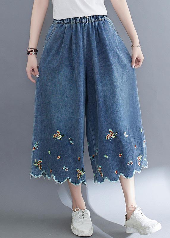 Style Blue Embroideried Crop Wide Leg Summer Pants - Omychic