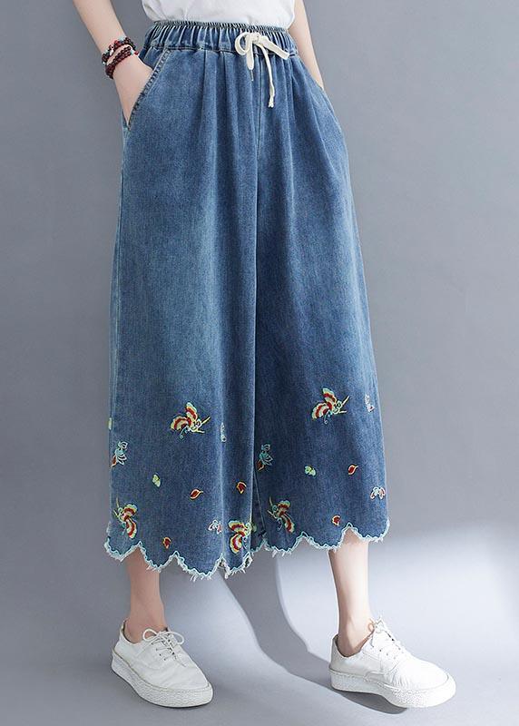 Style Blue Embroideried Crop Wide Leg Summer Pants - Omychic