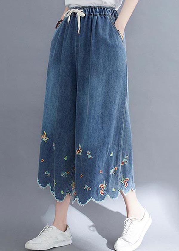 Style Blue Embroideried Crop Wide Leg Summer Pants - Omychic