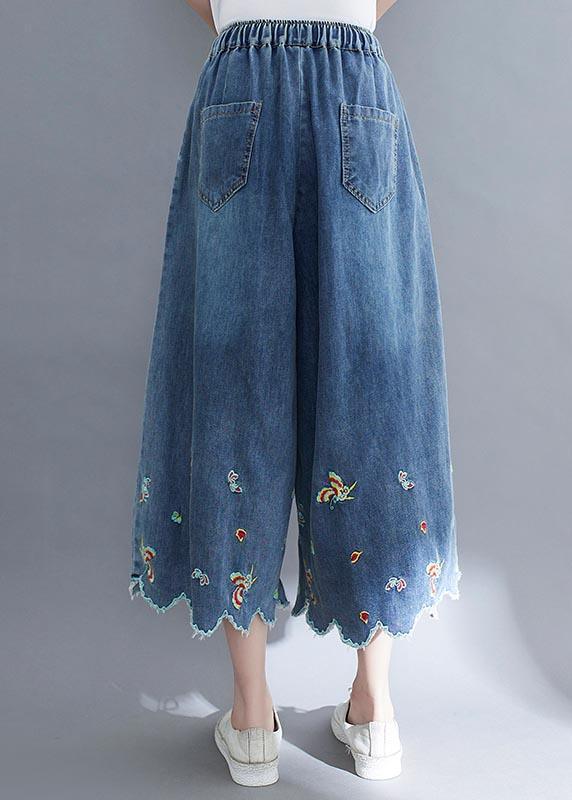 Style Blue Embroideried Crop Wide Leg Summer Pants - Omychic